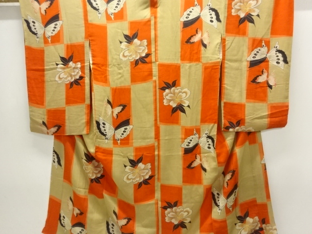 JAPANESE KIMONO / ANTIQUE JUBAN / KINSHA / FLOWER & BUTTERFLY
